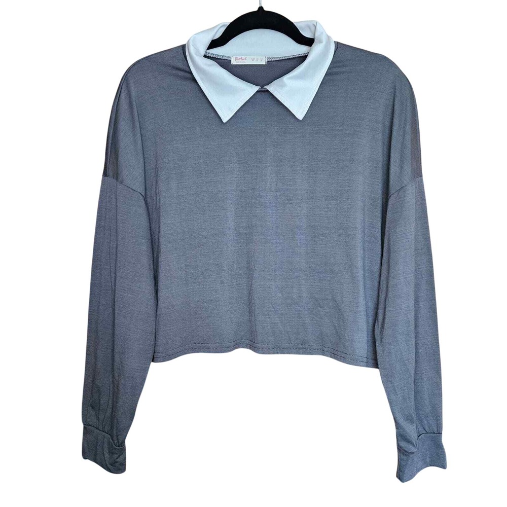Romwe Charcoal Grey Long Sleeve Drop Shoulder Cropped Pullover Sweatshirt Size M